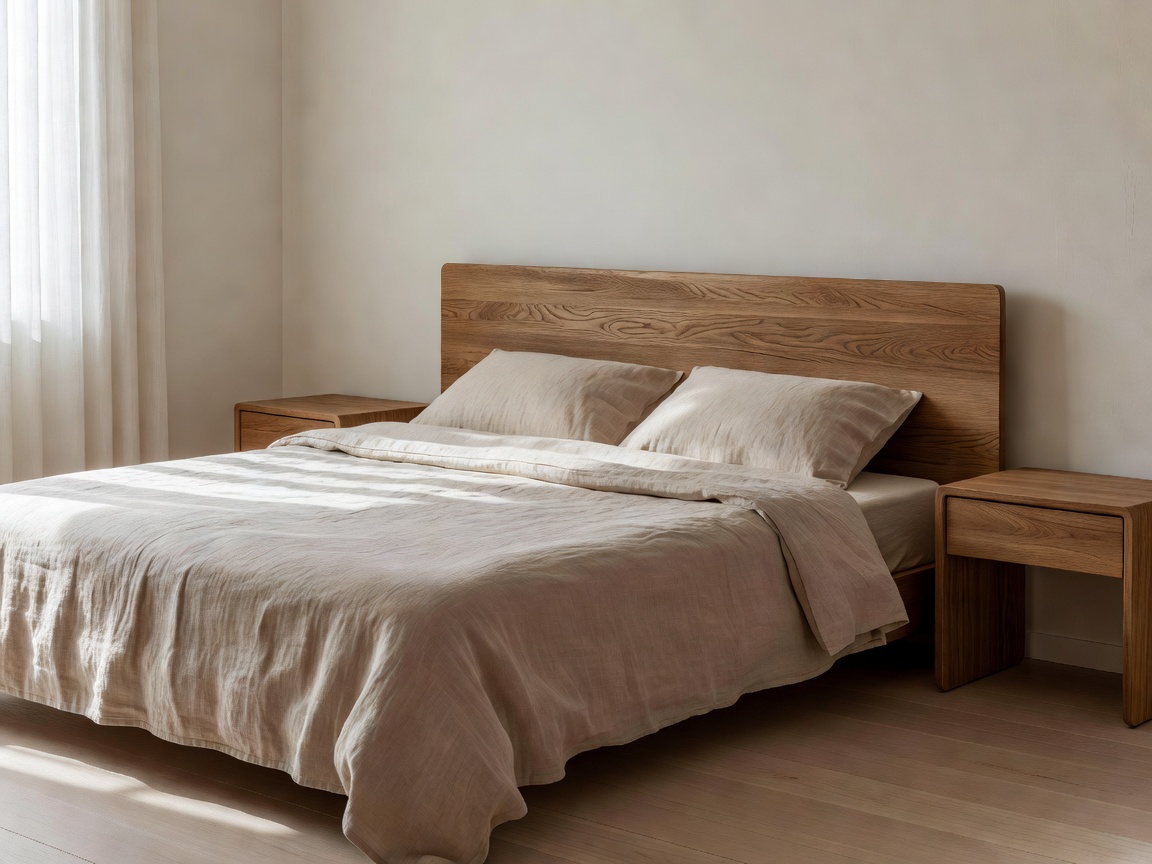 Calm bedroom with linen sheets and wooden furniture