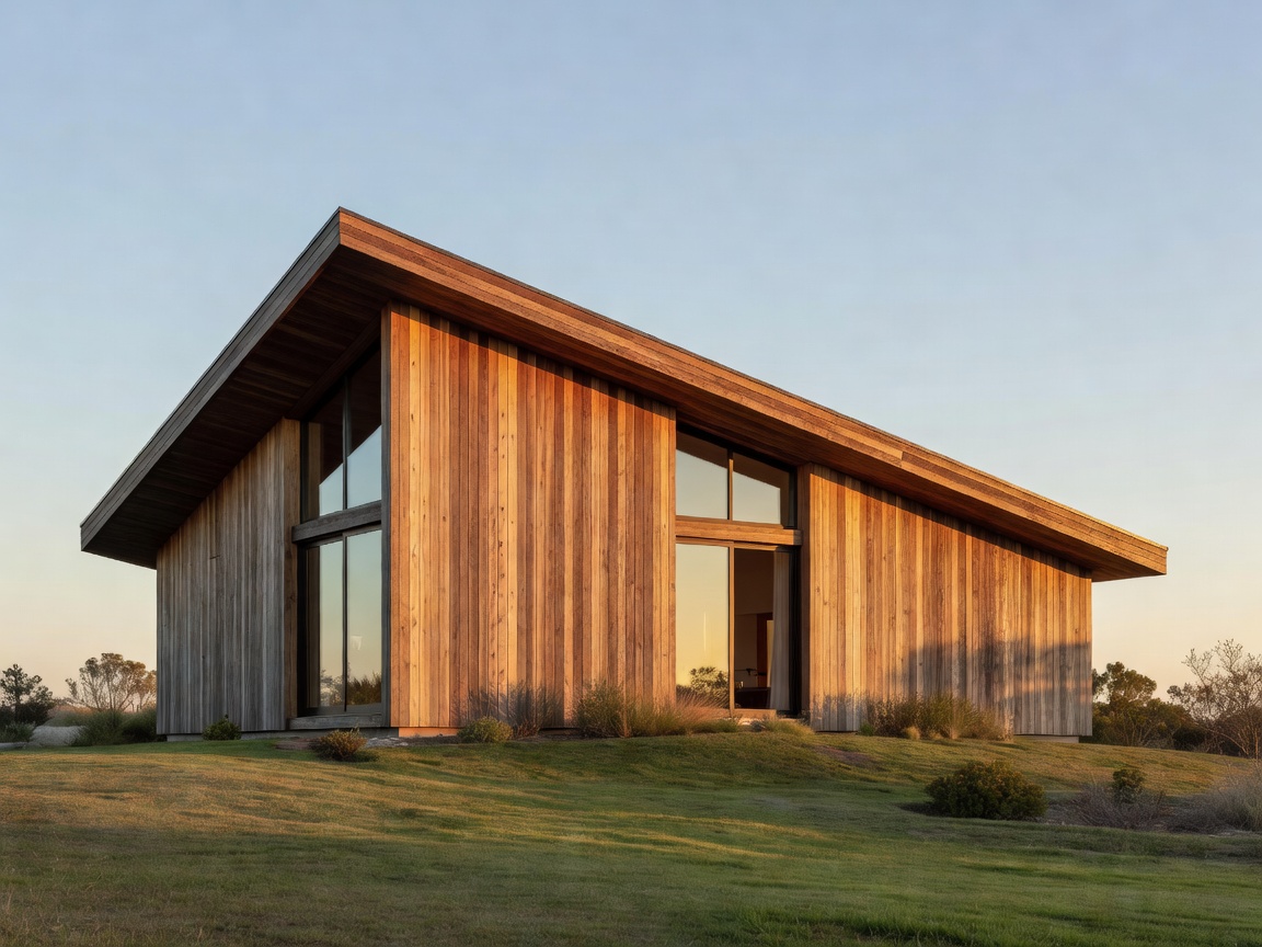 Contemporary timber home exterior with angled roof