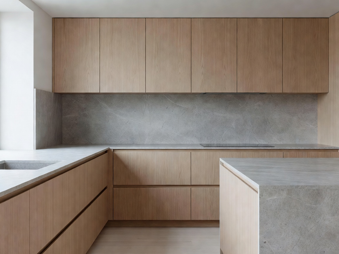 Minimalist Nordic kitchen interior with oak cabinets and stone counters