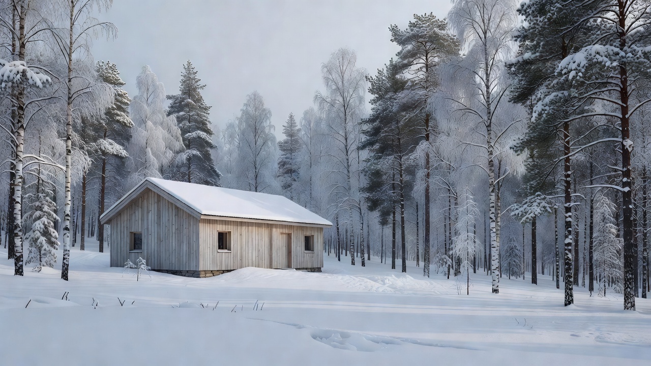 Minimalist Nordic timber cabin surrounded by winter forest