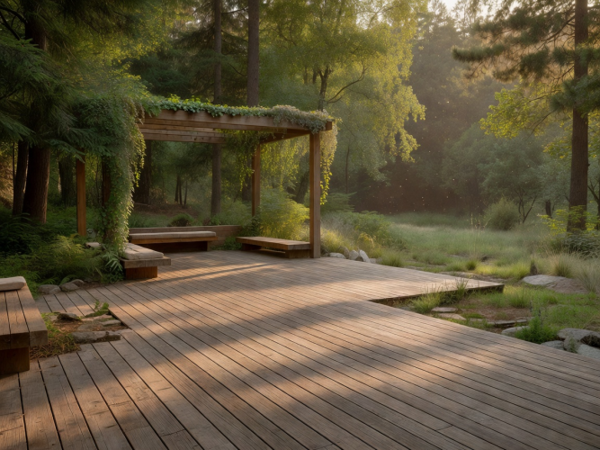 Timber decking and outdoor terrace blending into nature
